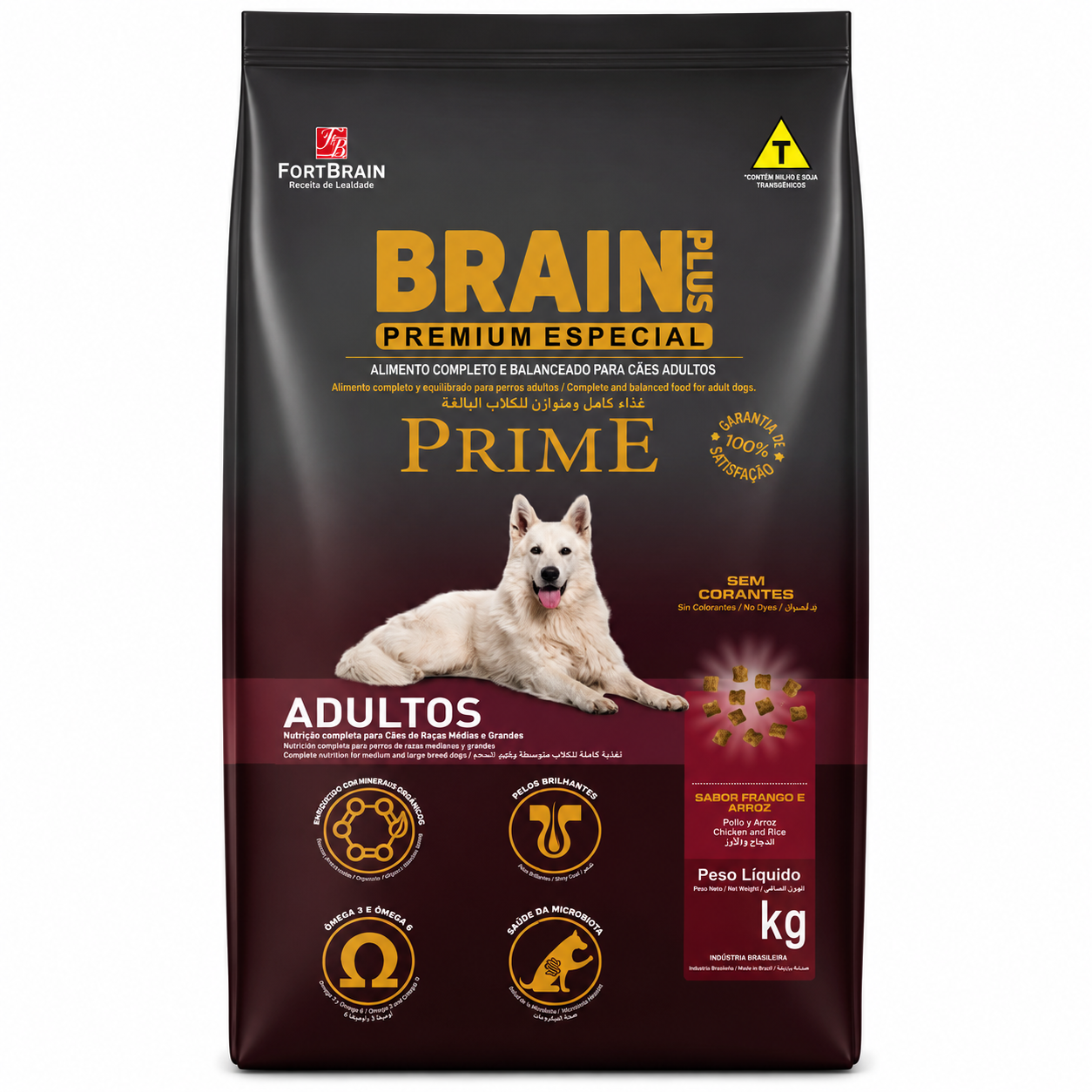 Ração Brain Plus Prime Adulto Raças Médias e Grandes Frango e Arroz 10,1kg