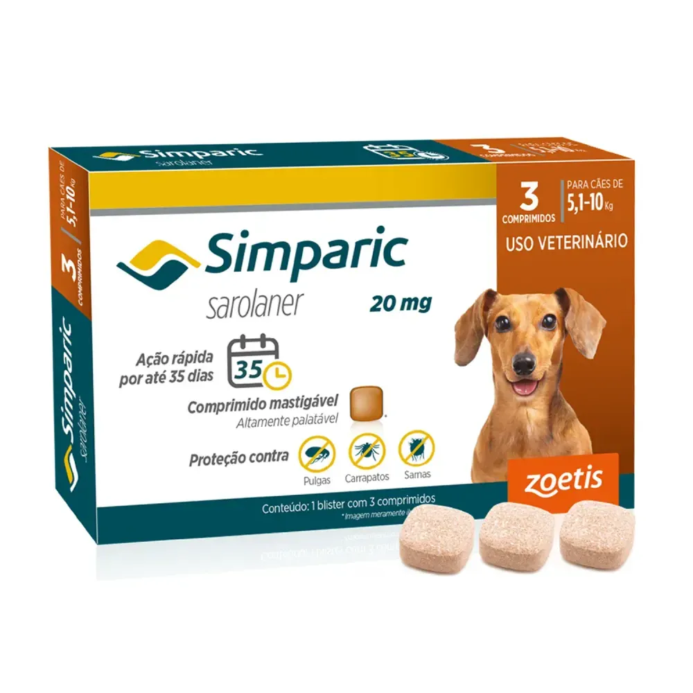 Antipulgas Simparic 20mg para Cães 5 a 10kg 3 comprimidos