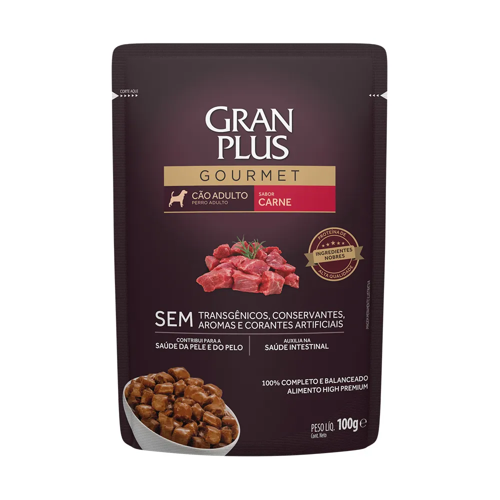 Ração Úmida Gran Plus Gourmet Cães Adultos Carne Sachê 100g