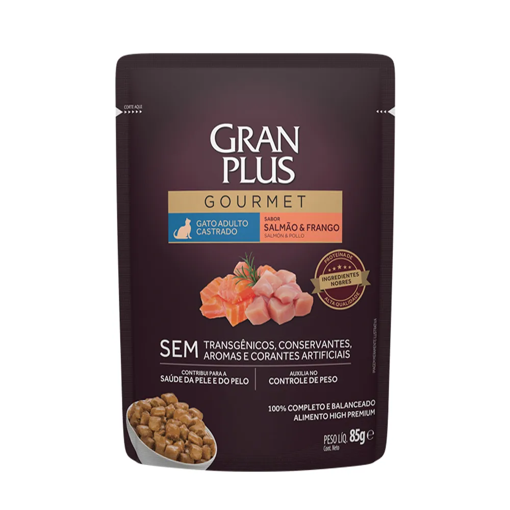 Ração Úmida Gran Plus Gourmet Gatos Castrados Salmão e Frango Sachê 85 g