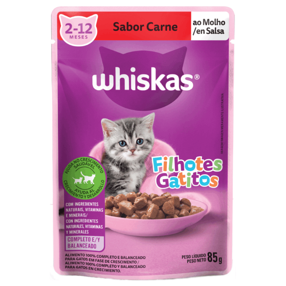 Ração Úmida Whiskas Sachê Carne ao Molho Gatos Filhotes 85g