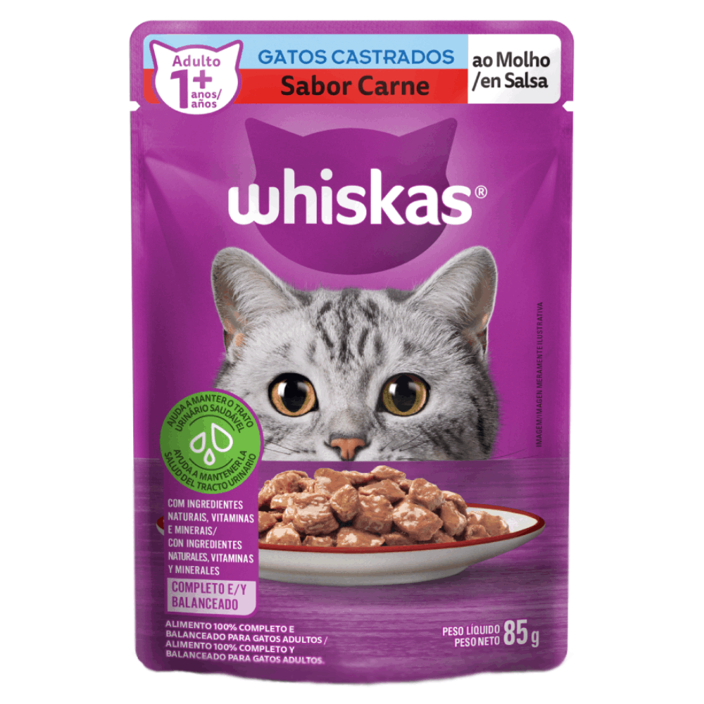 Ração Úmida Whiskas Sachê Carne ao Molho Gatos Adultos Castrados 85g